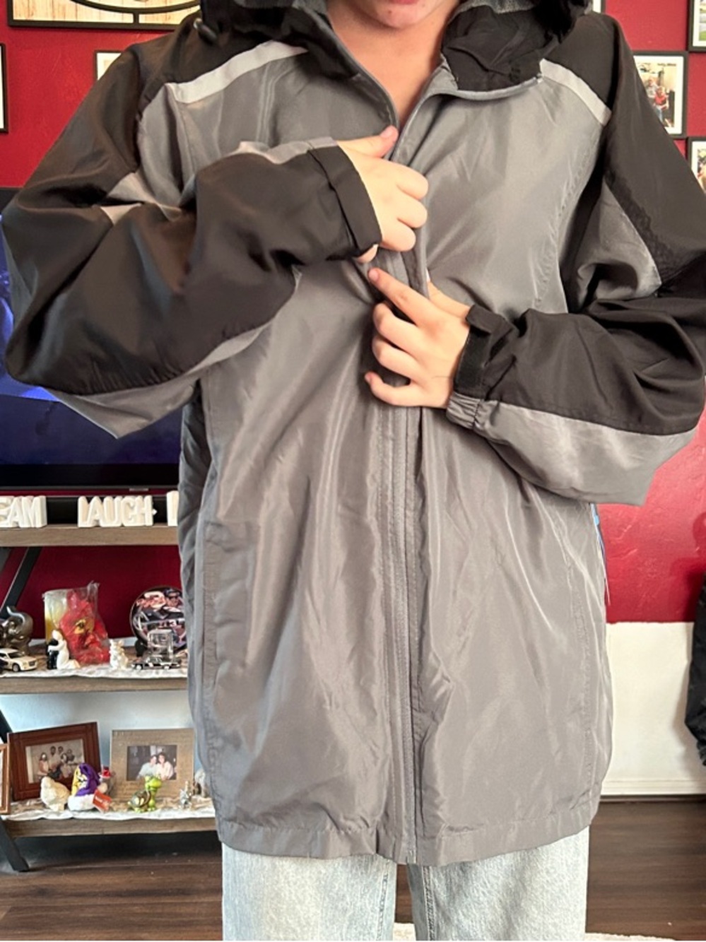 Men's Hooded Windbreaker Jacket - Gray and Black